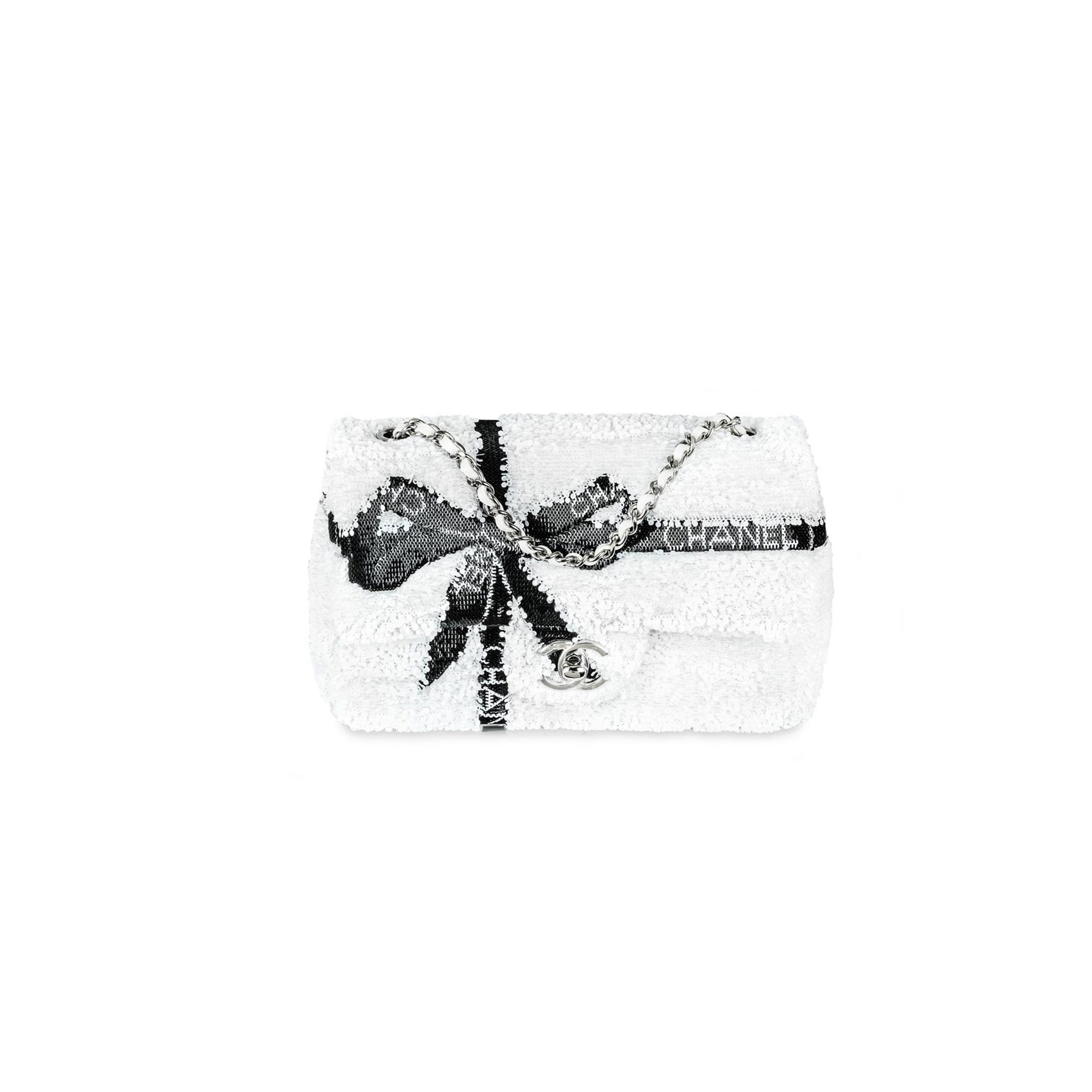 CHANEL 24B WHITE & BLACK SEQUIN BOW MINI FLAP SILVER HARDWARE BAG AS2090 (20*13*6cm)